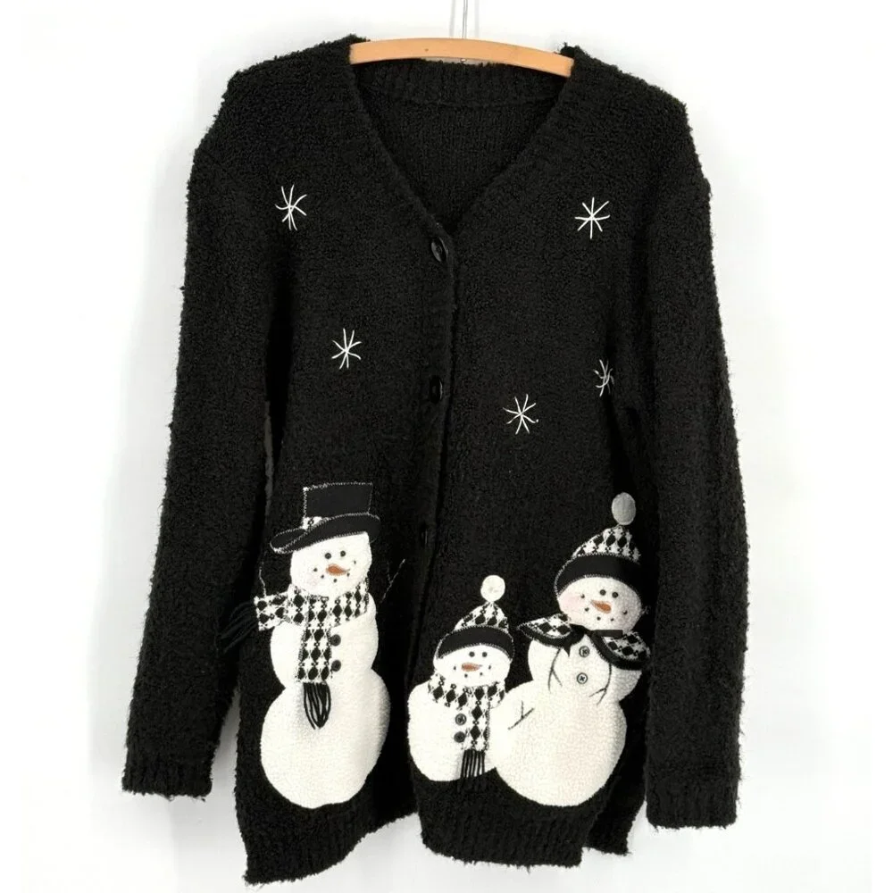 Vintage Black Snowman Cardigan Sweater Button-Up Large 40% Cotton‎ 60% Polyester